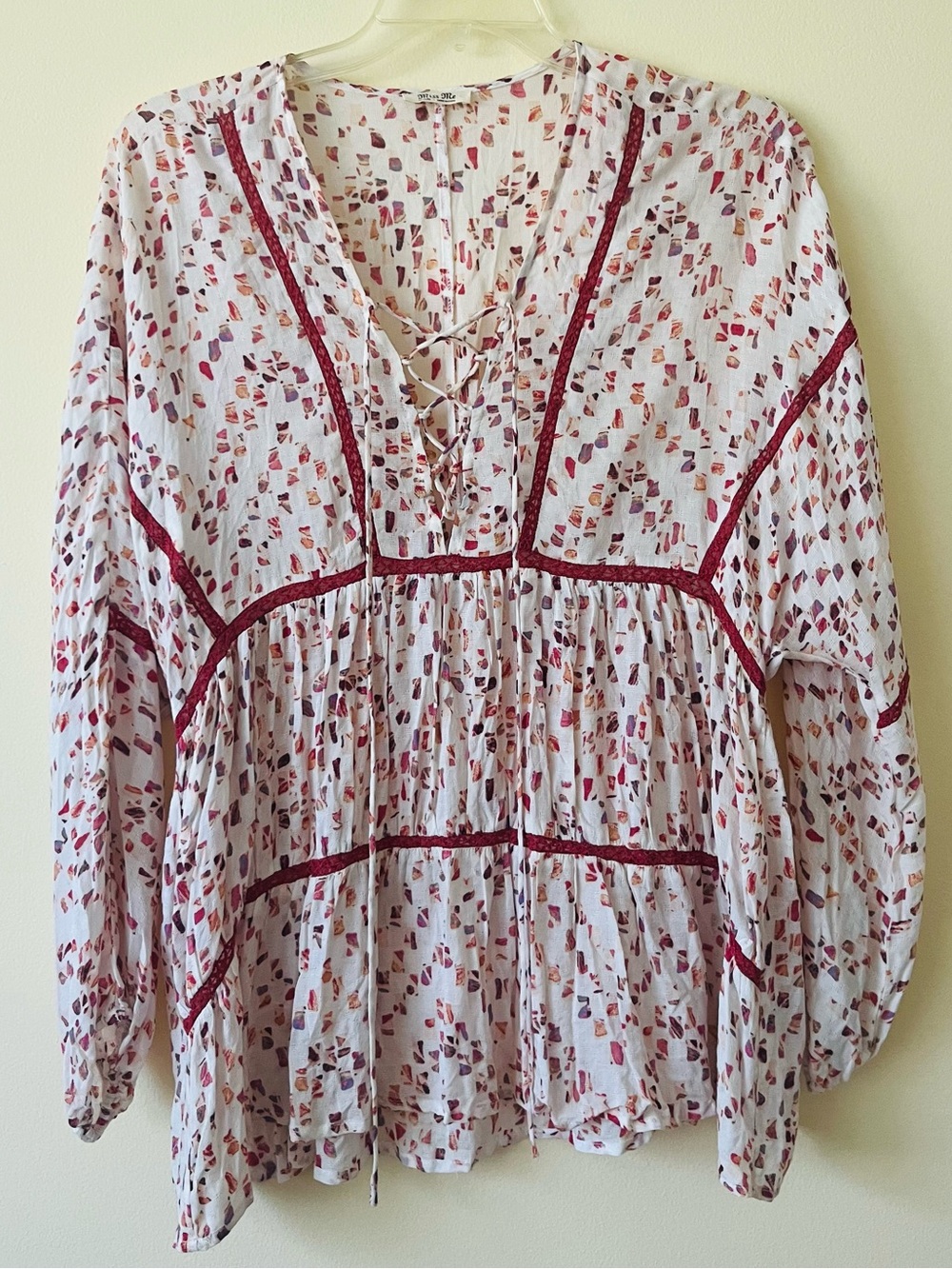 Miss Me Lace Up Babydoll Top Medium Flowy Peasant Boho Blouse 3/4 Sleeve